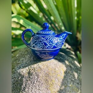 Cobalt Blue Floral Ceramic Teapot